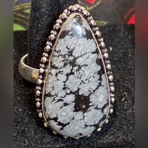 Ring NWOT Snowflake Obsidian .925 sterling Plated black teardrop  adj. to sz 10